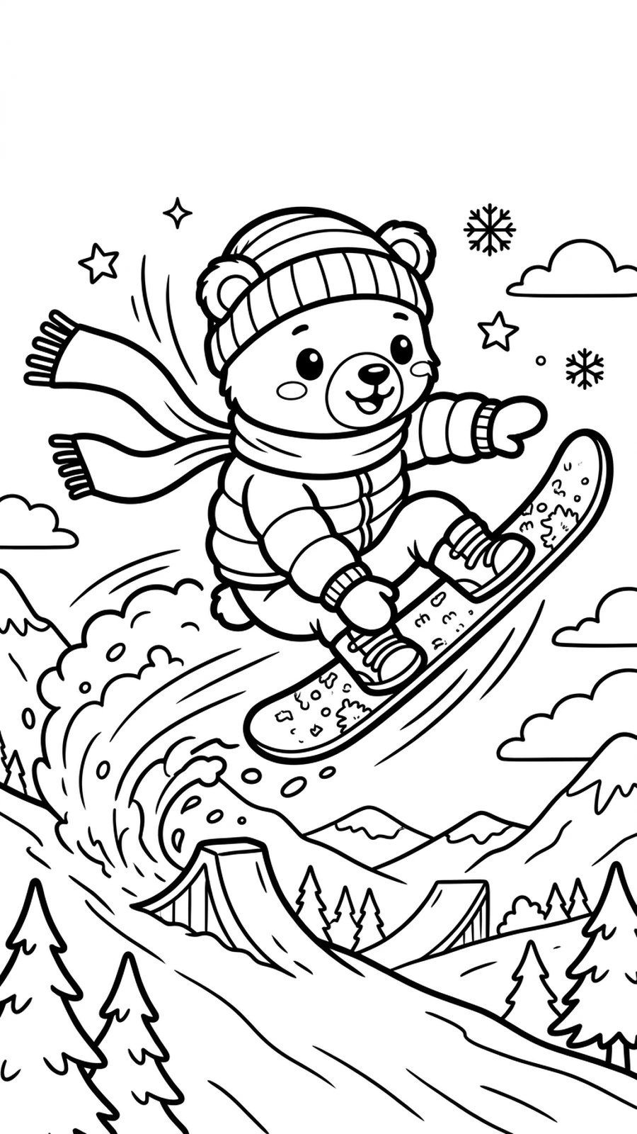Coloriage ourson sautant en l'air pour un saut en snowboard, écharpe au vent, scène dynamique
