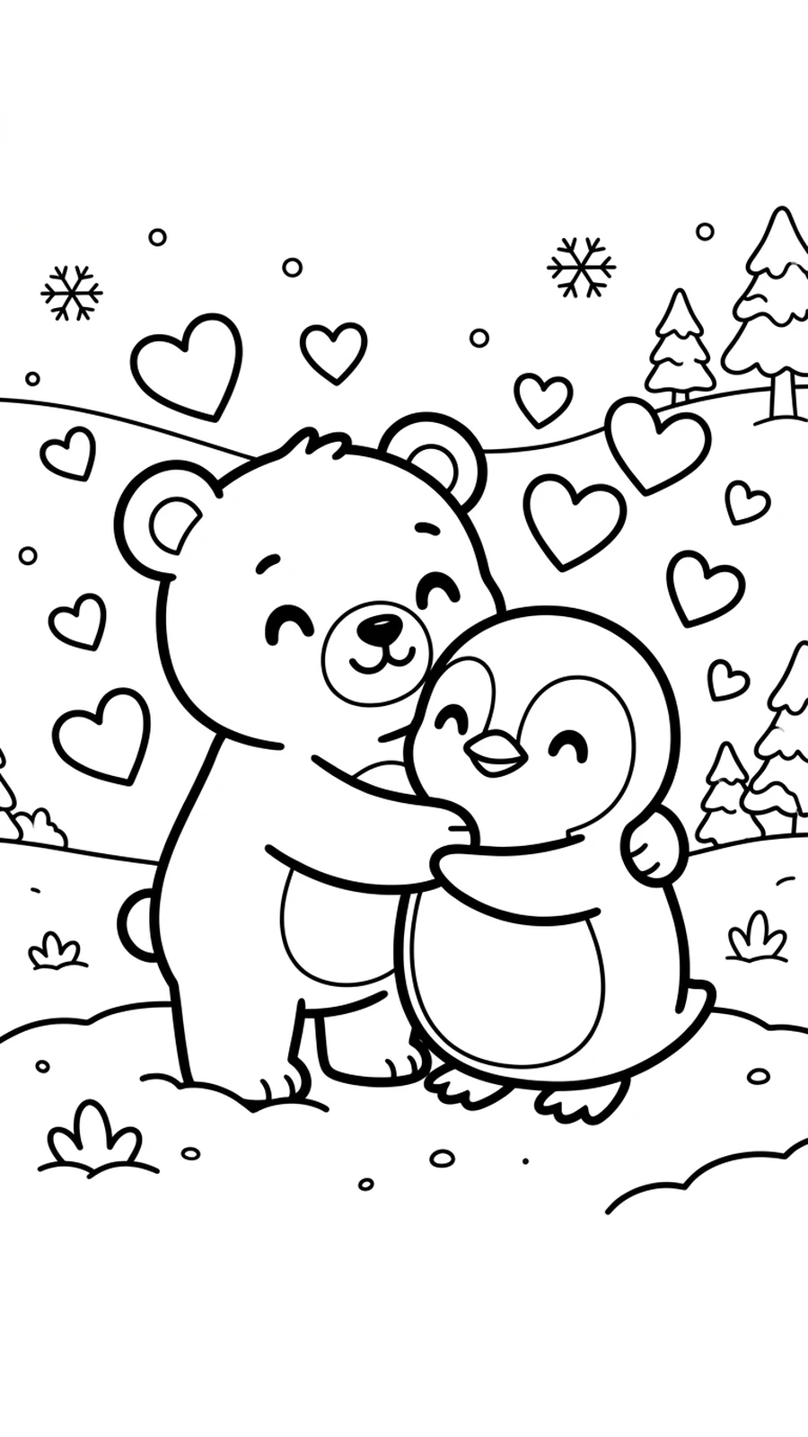 Coloriage ourson qui fait un câlin à un petit pingouin dans la neige, cœurs autour d'eux