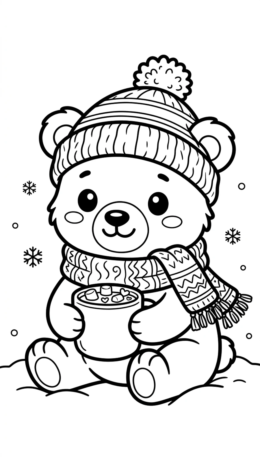 Coloriage ourson avec bonnet et écharpe tenant une tasse de chocolat chaud aux guimauves