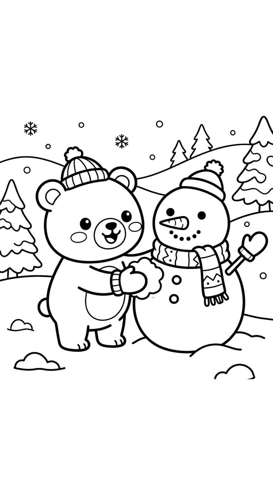 Coloriage ourson construisant un bonhomme de neige avec un nez en carotte et une écharpe