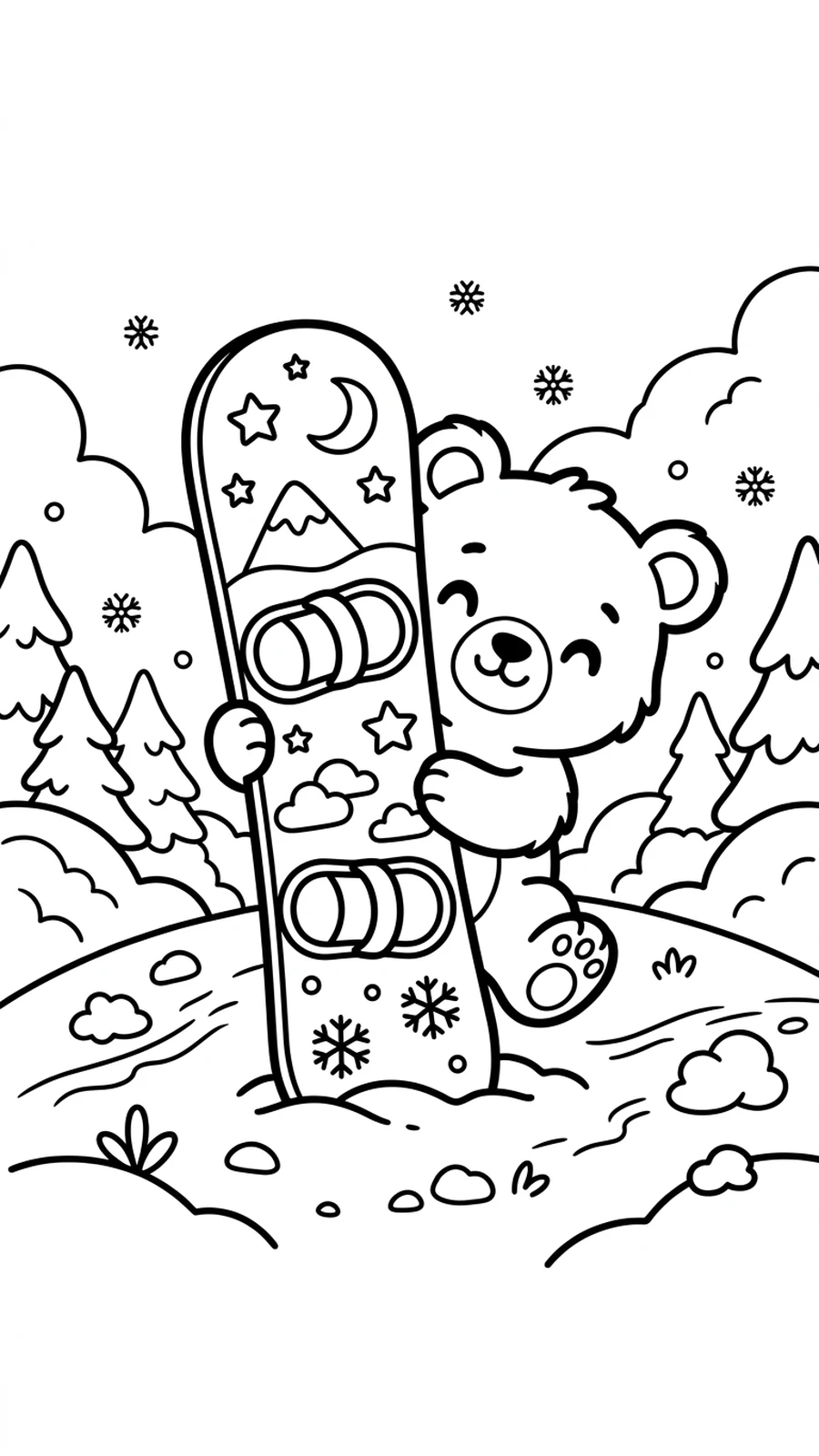 Coloriage ourson qui se cache derrière un snowboard planté dans la neige, scène amusante