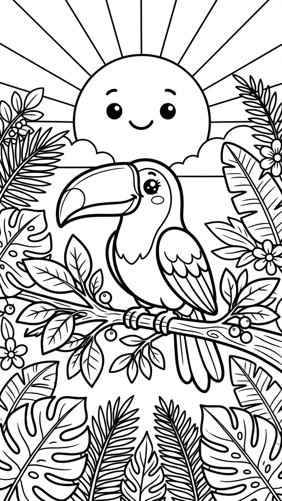 Coloriage toucan kawaii perché sur une branche devant un grand soleil, feuilles tropicales