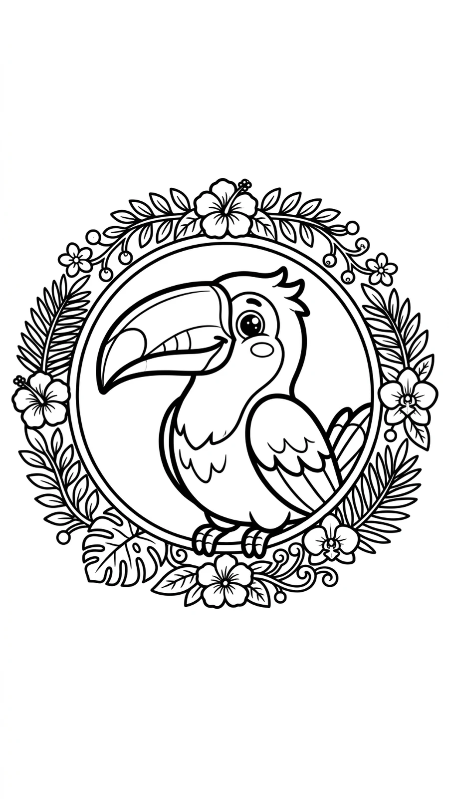 Coloriage toucan dans un médaillon rond décoré de feuilles et de fleurs, portrait à colorier