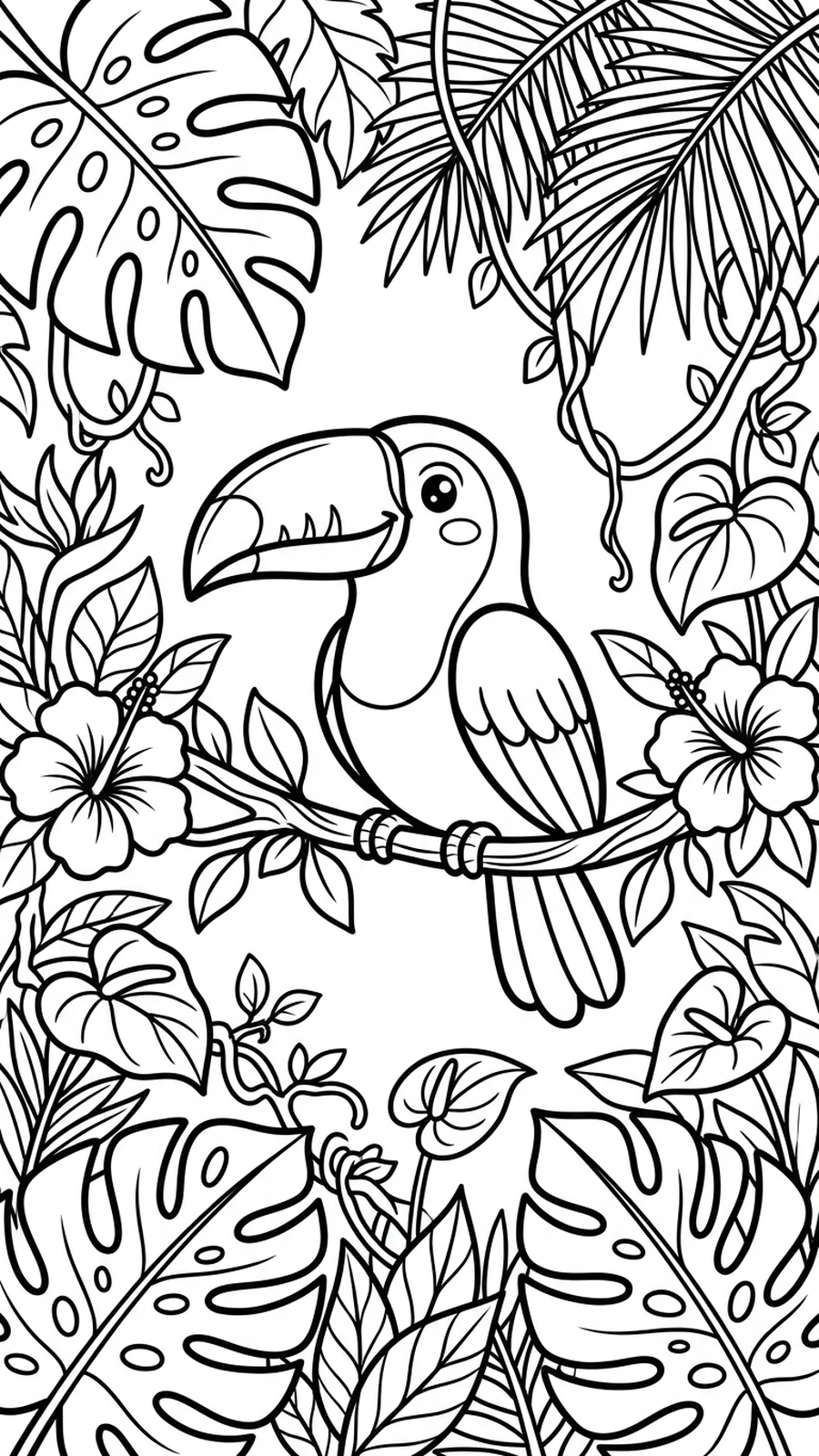 Coloriage toucan dans la forêt tropicale, feuilles monstera, fleurs et lianes tout autour