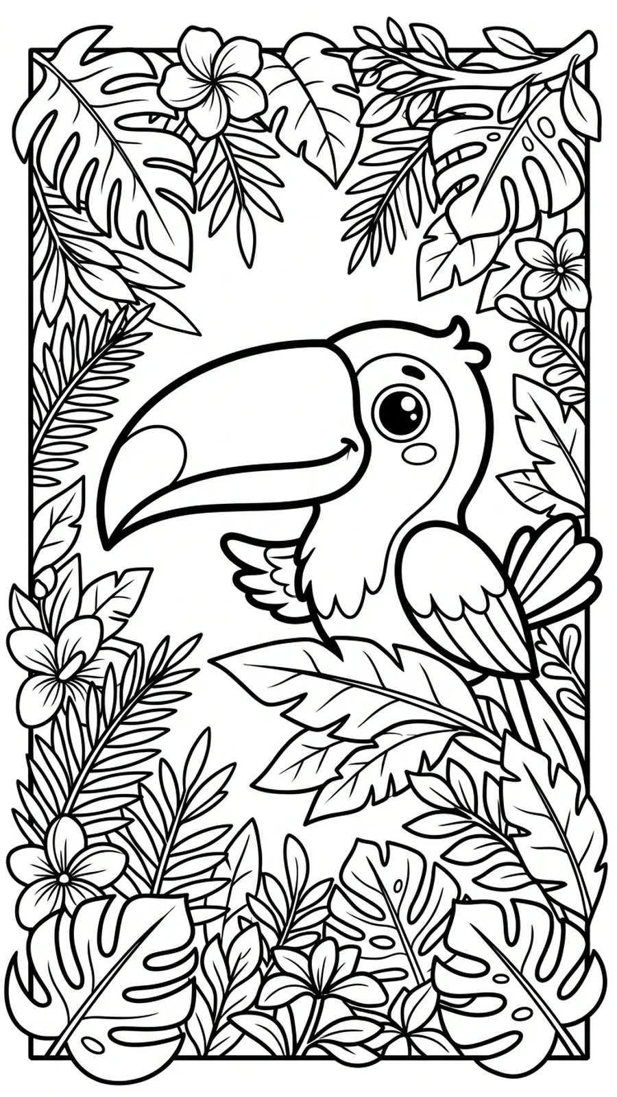 Coloriage toucan au grand bec blanc regardant à travers les feuilles de la jungle, cadre de feuillage