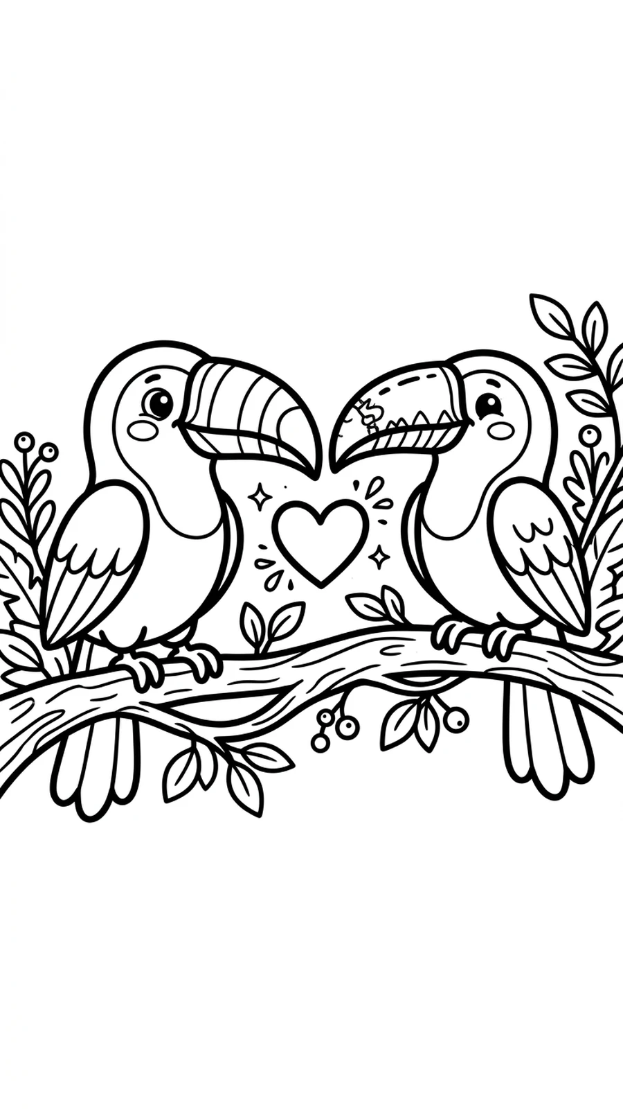 Coloriage deux toucans face à face sur une branche avec un cœur entre eux, page mignonne