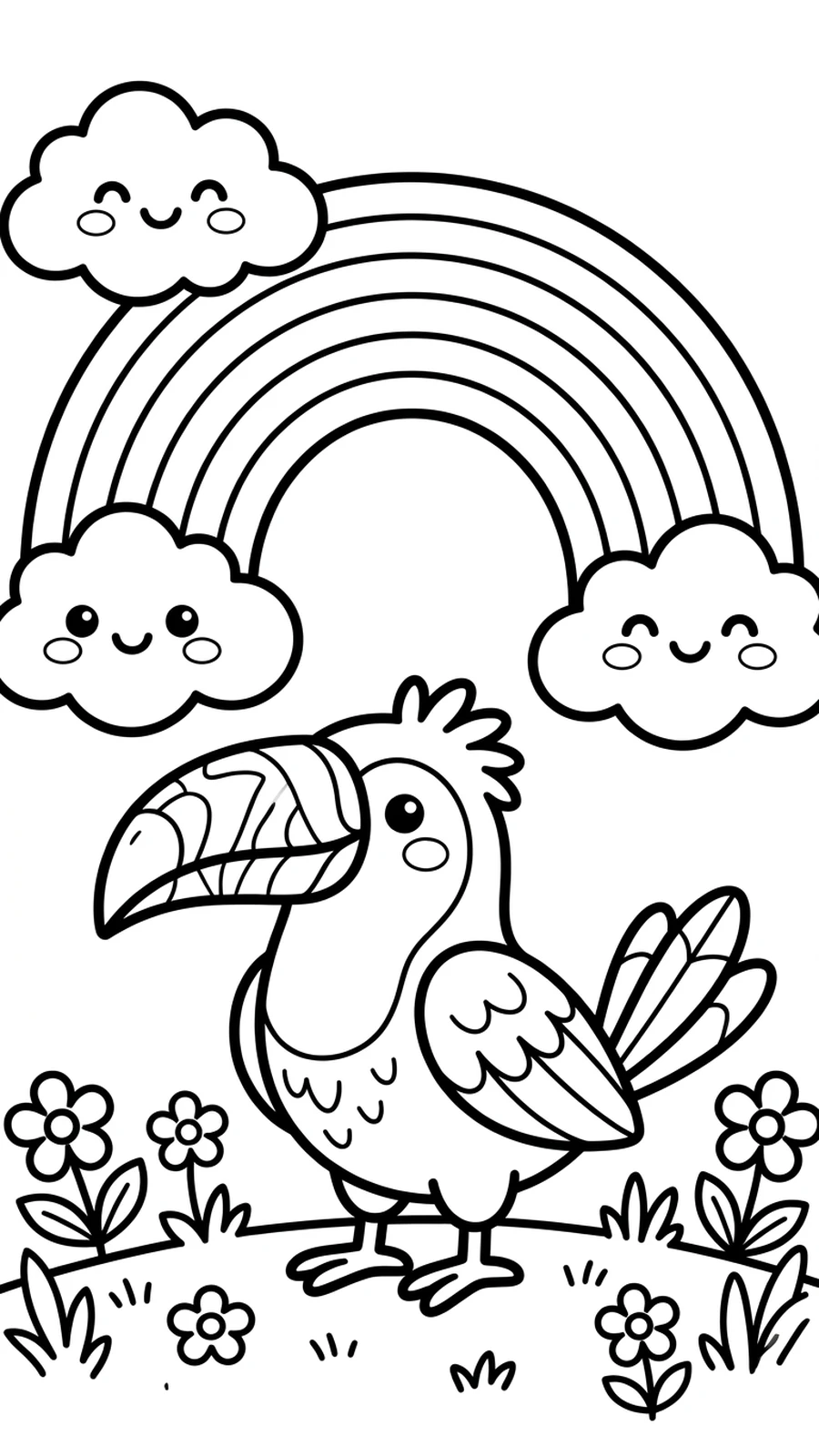 Coloriage toucan debout sous un grand arc-en-ciel avec des nuages souriants, scène joyeuse
