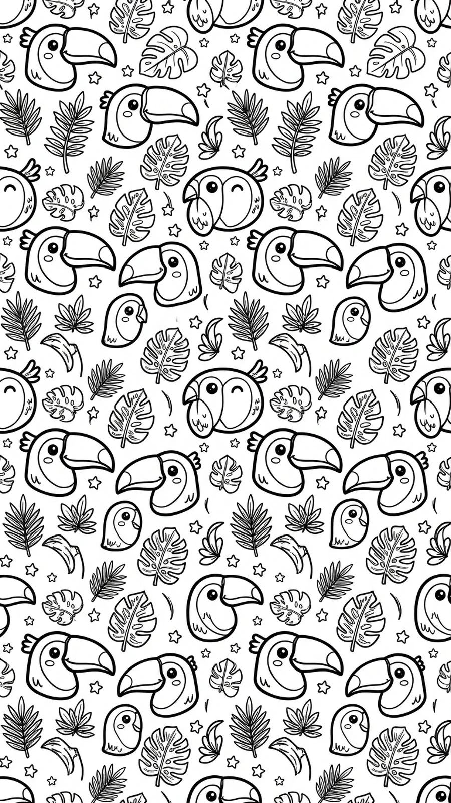 Coloriage motif répété de petites têtes de toucans avec feuilles et étoiles, à colorier