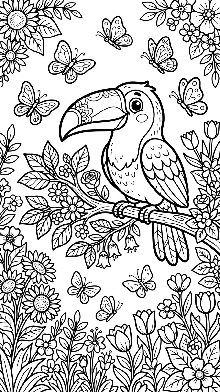 Coloriage toucan sur une branche entouré de papillons et de fleurs dans un jardin
