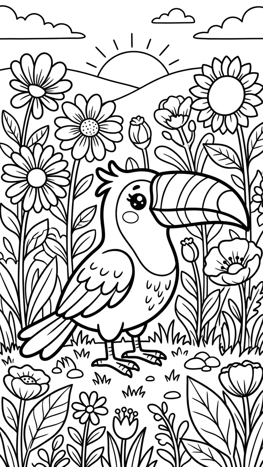 Coloriage toucan debout au sol parmi de grandes fleurs, vue de côté dans une prairie ensoleillée