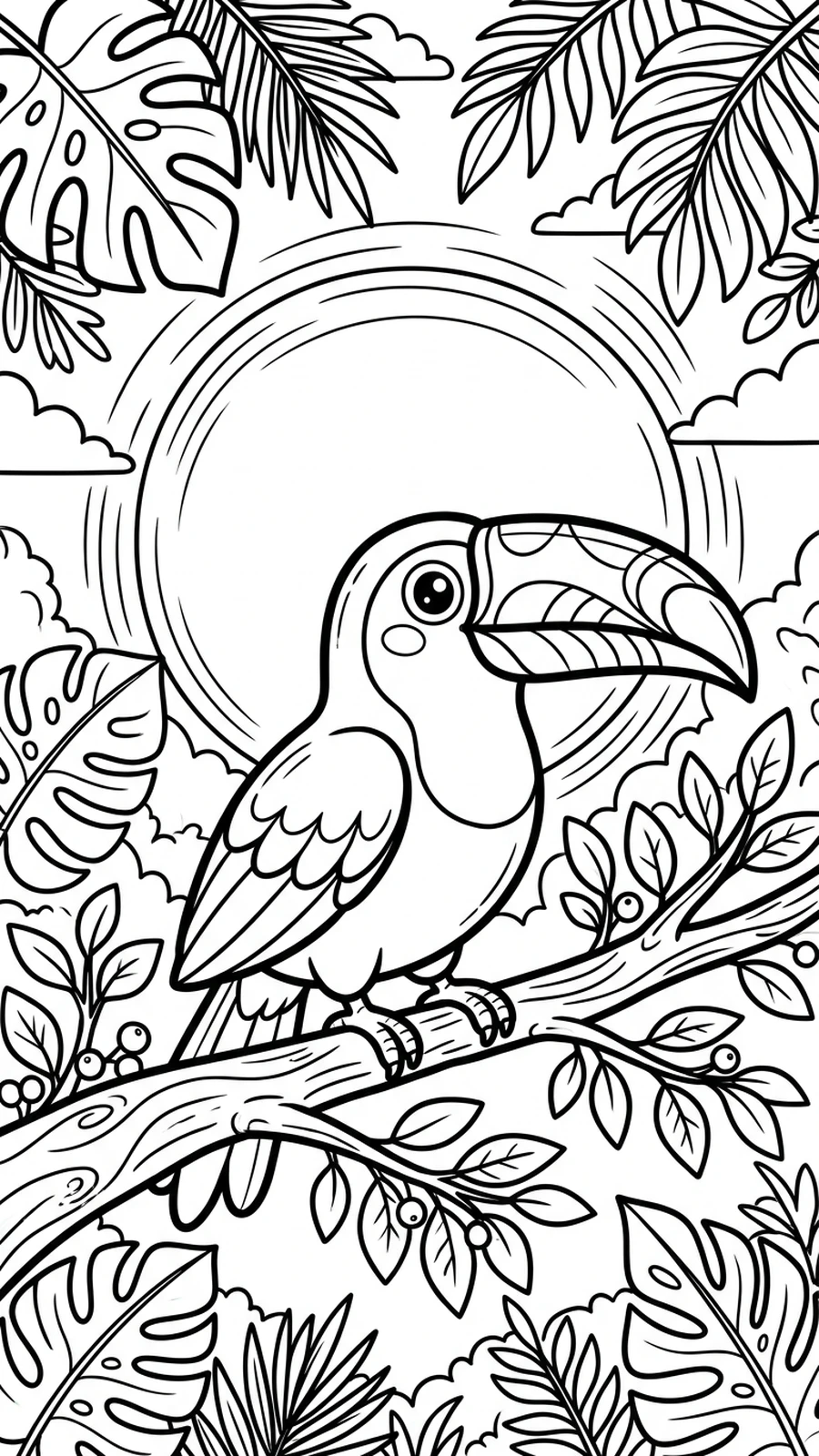 Coloriage toucan sur une branche devant un immense soleil couchant, scène tropicale en contours