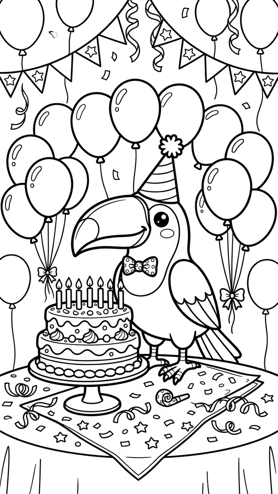 Coloriage toucan à une fête d'anniversaire avec chapeau, ballons unis et gâteau à bougies