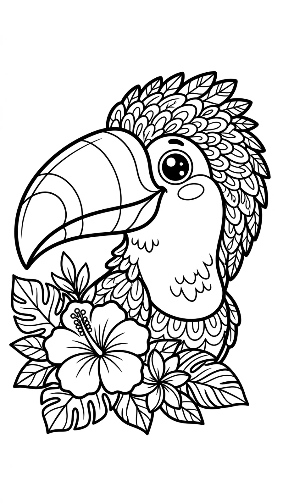 Coloriage gros plan d'un toucan au grand bec avec des fleurs tropicales, plumes détaillées