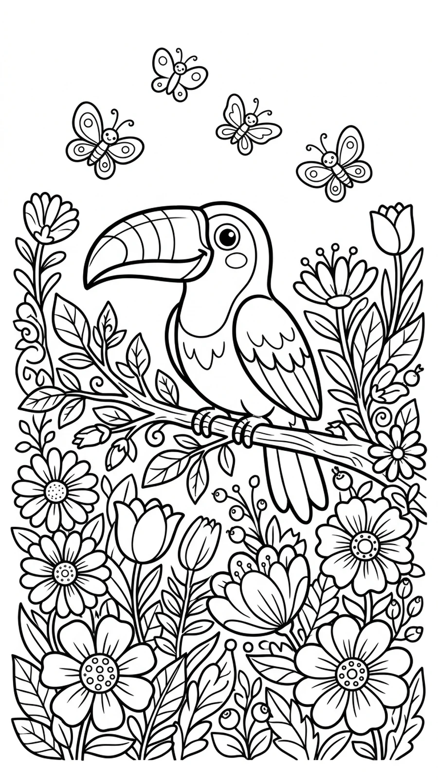 Coloriage toucan sur une branche dans un jardin plein de grandes fleurs, papillons au-dessus