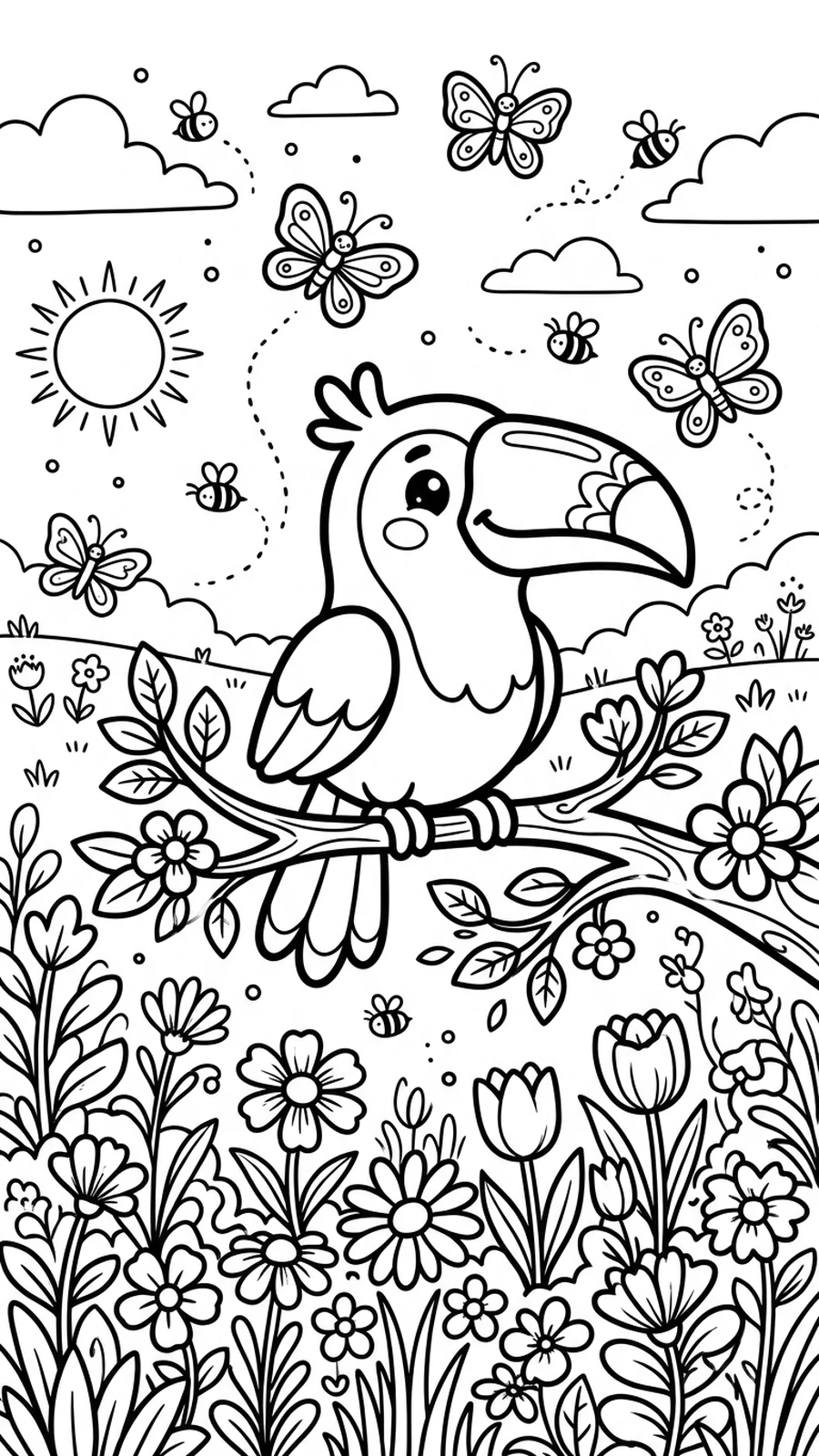 Coloriage toucan perché dans une prairie fleurie entouré de papillons, journée ensoleillée