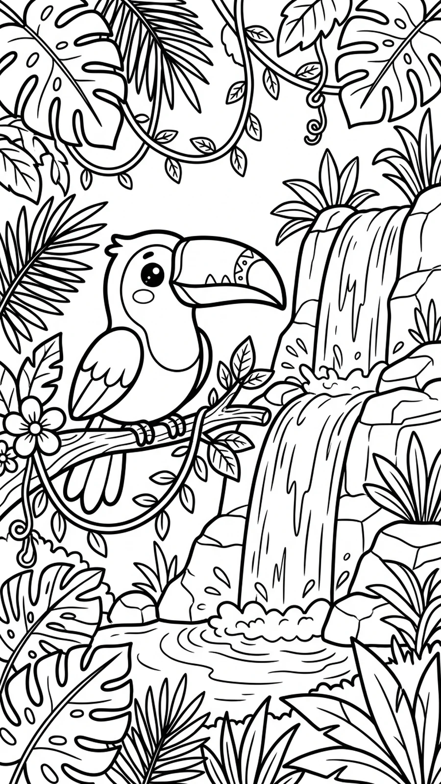 Coloriage toucan près d'une cascade dans la jungle, grandes feuilles et lianes à colorier