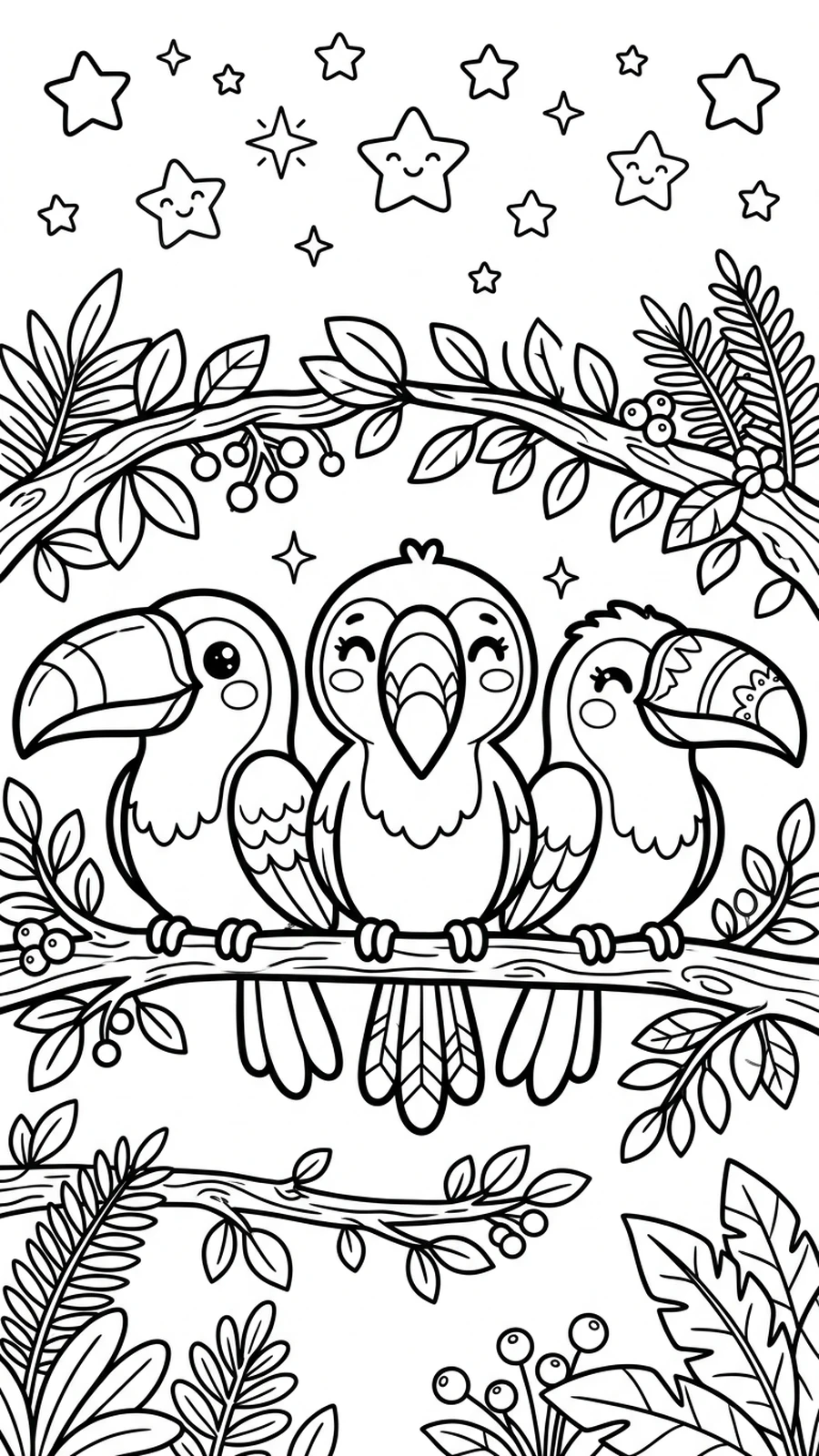 Coloriage trois toucans côte à côte sur une longue branche sous les étoiles, dessin pour enfants
