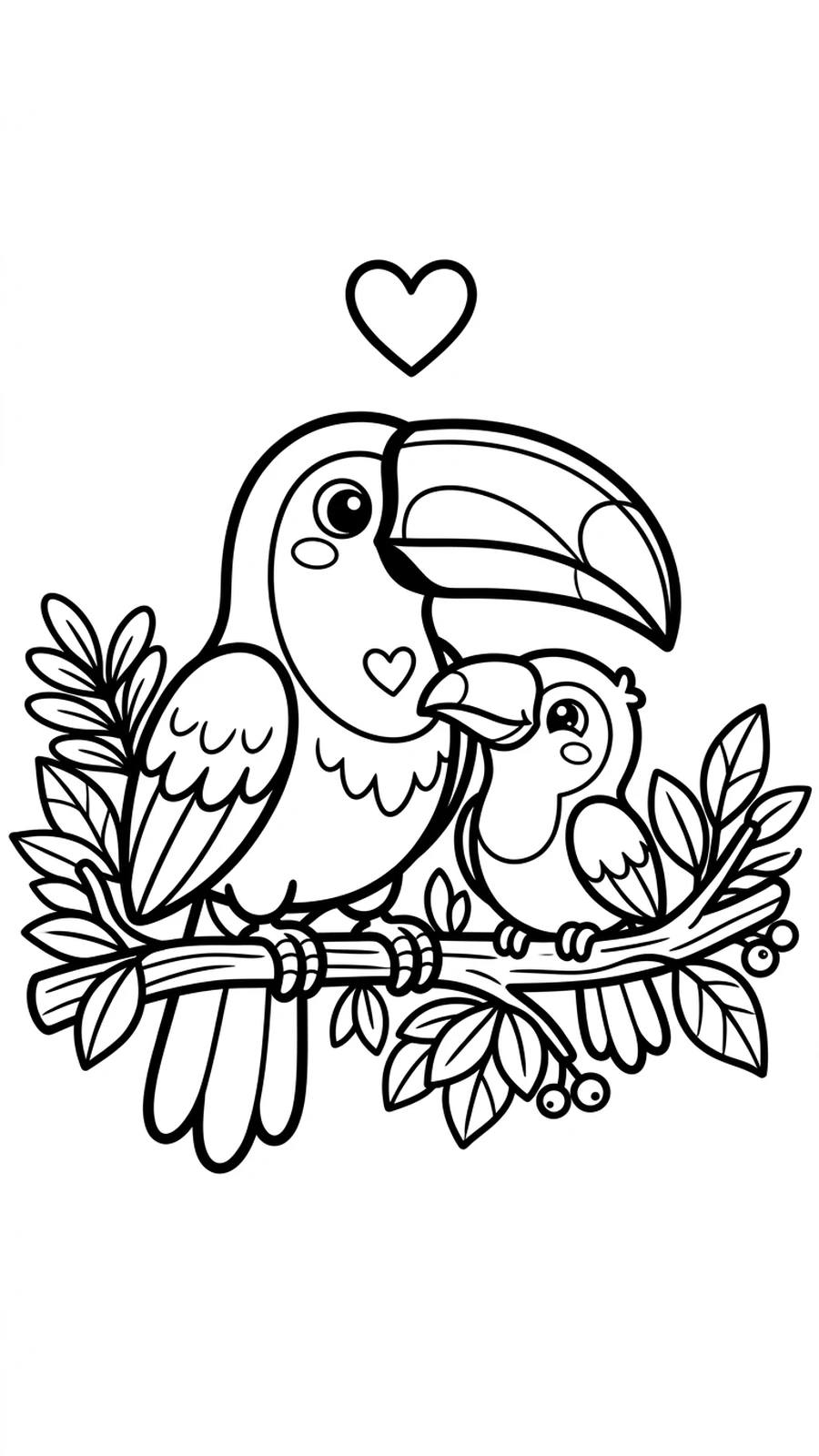 Coloriage toucan adulte et bébé toucan sur une branche, un cœur au-dessus d'eux