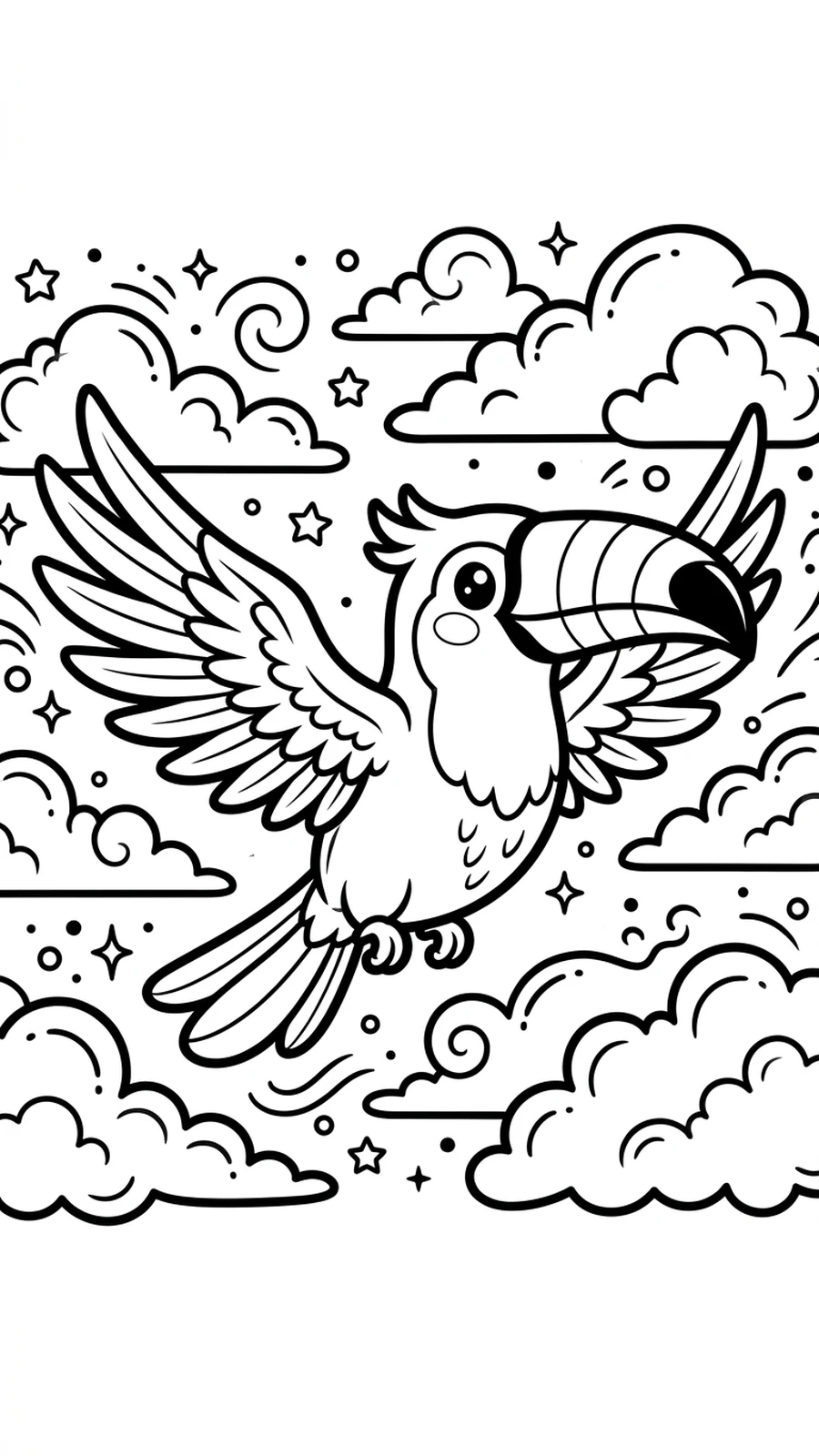Coloriage toucan volant ailes déployées parmi les nuages, scène dynamique à imprimer