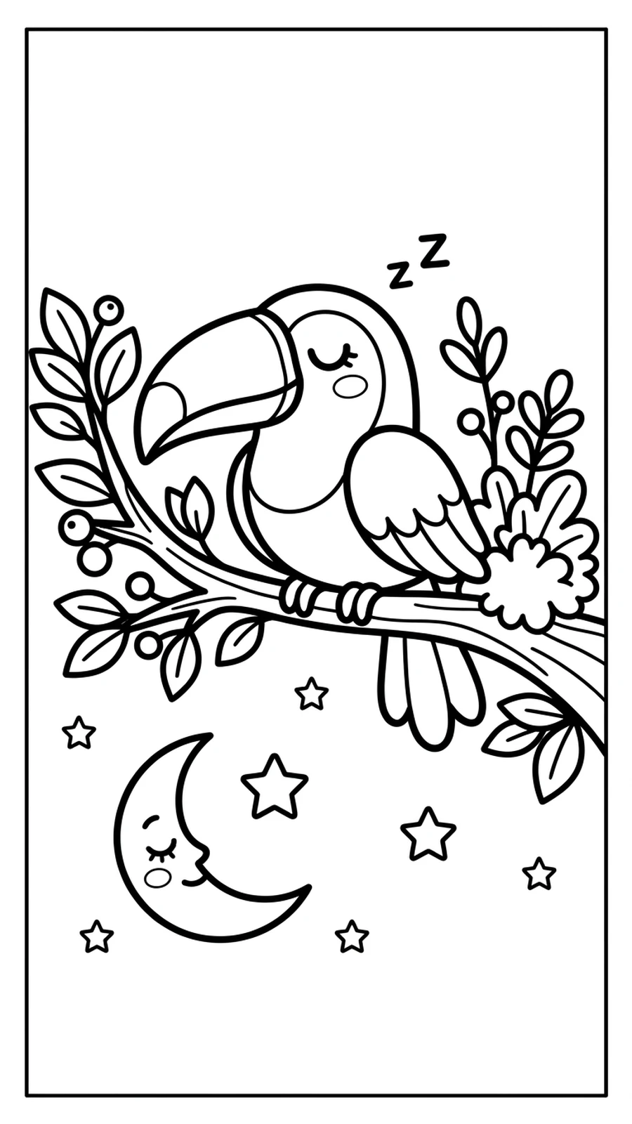 Coloriage toucan endormi sur une branche sous un croissant de lune et les étoiles
