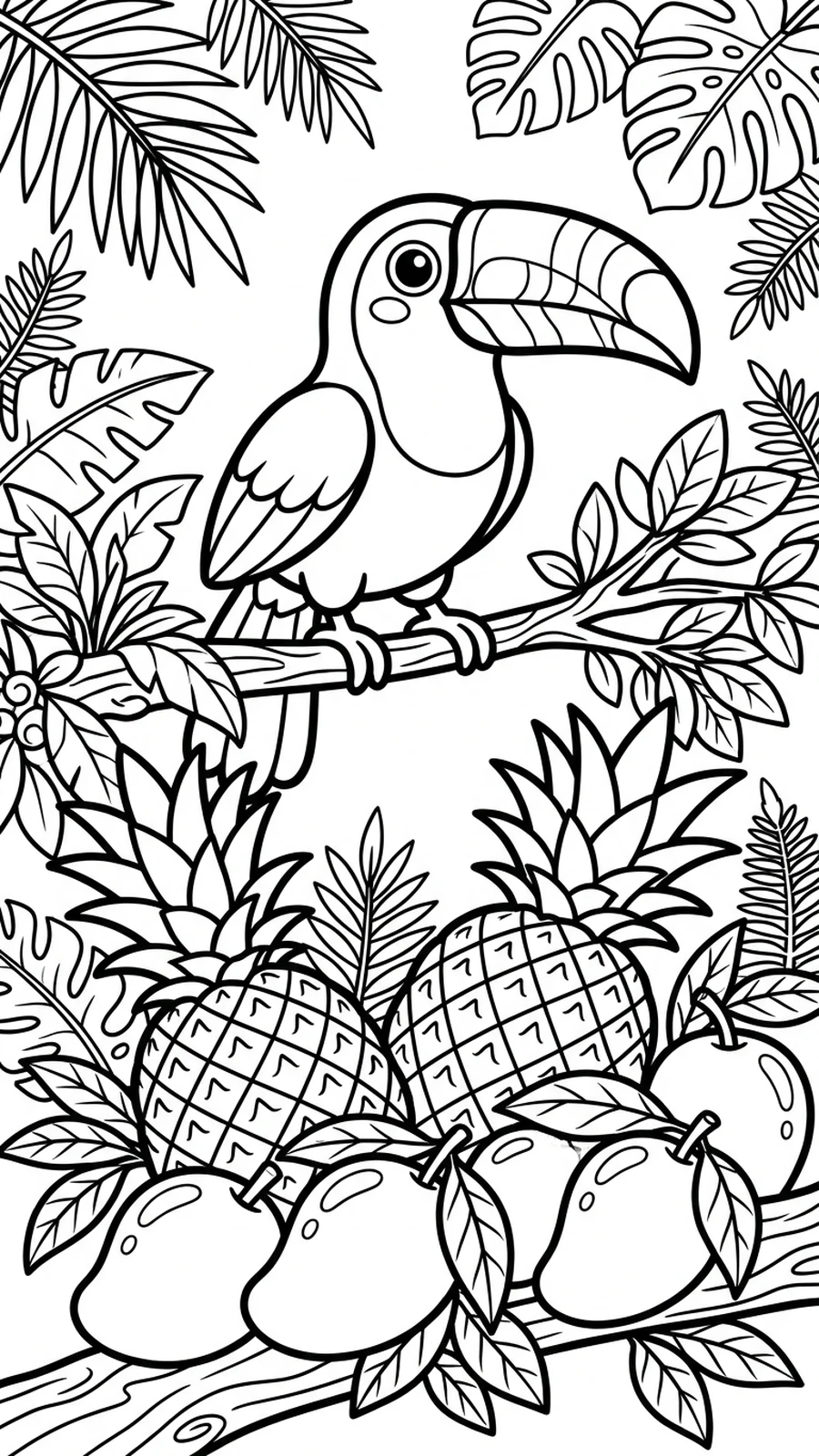 Coloriage toucan sur une branche au-dessus de fruits tropicaux, mangues et ananas
